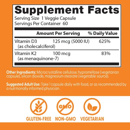 Miniatura 3 de Doctor's Best Suplemento de vitamina D3 y K2 para hombres y mujeres – Vitamina D3 5000 UI + K2 como MK-7, apoyo a la salud ósea, sin gluten, sin