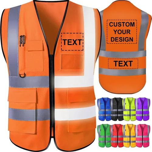 Chaleco de seguridad personalizado para hombre con bolsillos con logo, chalecos reflectantes de alta visibilidad para construcción, ropa de Naranja