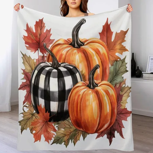 Miniatura 7 de Manta de lana cuadriculada con diseño de calabaza, hojas de arce, Acción de Gracias, manta de cama para otoño, Acción de Gracias, ligera, súper