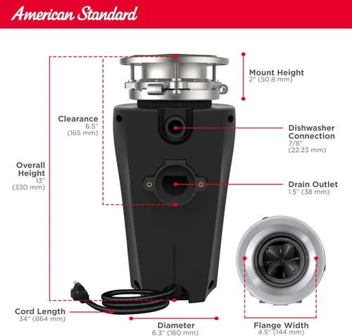 Miniatura 5 de American Standard 10-US-AS-5 Sistema de molienda de residuos de alimentos de acero inoxidable antiatascos para desechos de basura, línea delgada