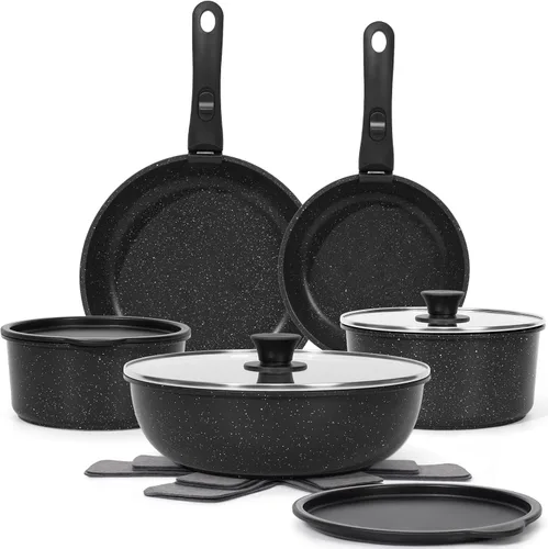 SODAY Juego de 15 piezas de ollas y sartenes antiadherentes, juegos de utensilios de cocina con mango desmontable, herramientas de cocina