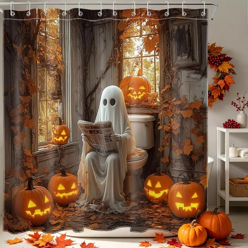 Miniatura 40 de HVEST Cortina de ducha de Halloween, linterna de calabaza y gnomo, cortina de ducha de baño, cortina de ducha de murciélago y araña, decorativa
