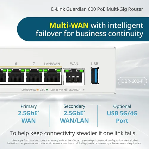 Miniatura 9 de D-Link Guardian 600 PoE Multi-Gig Business Router (DBR-600-P), enrutador premium con conmutación por error Multi-WAN, cortafuegos SPI, LAN PoE+ de 8
