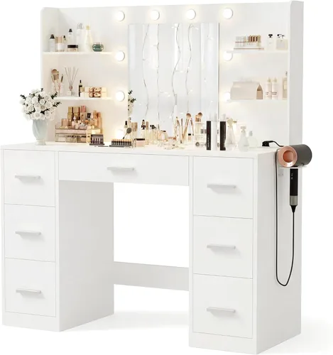 Miniatura 10 de Furmax - Escritorio de tocador con espejo, luces LED y toma de corriente, mesa de maquillaje con 7 cajones y 6 estantes de almacenamiento, mesa