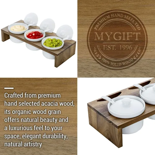 Miniatura 6 de MyGift Juego de Servir de Condimentos de 10 Piezas Incluye Bandeja de Presentación Elevada de Madera Sólida de Acacia Premium y 3 Cuencos