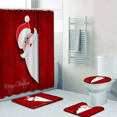 Miniatura 11 de Juego de 4 cortinas de ducha con alfombra antideslizante, cubierta para tapa de inodoro y tapete de baño, cortina de ducha de Papá Noel con 12