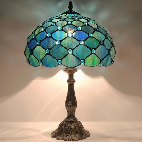 Miniatura 4 de Tiffany Lamp Stained Glass Table Lamp Bedside Reading Light W12H19 Inches (Sea Blue Pearl Style)