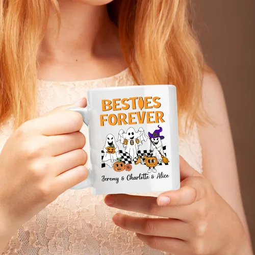 Miniatura 5 de Taza de café blanca personalizada de Halloween Besties, Besties Forever y 3 tazas de café Boo de 11 onzas y 15 onzas, bonita taza de cerámica Boo