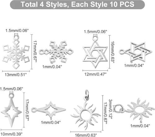 Miniatura 5 de DICOSMETIC 24 dijes de copos de nieve de Navidad de acero inoxidable, dijes de nieve de invierno, colgantes de vacaciones para pulseras, collares