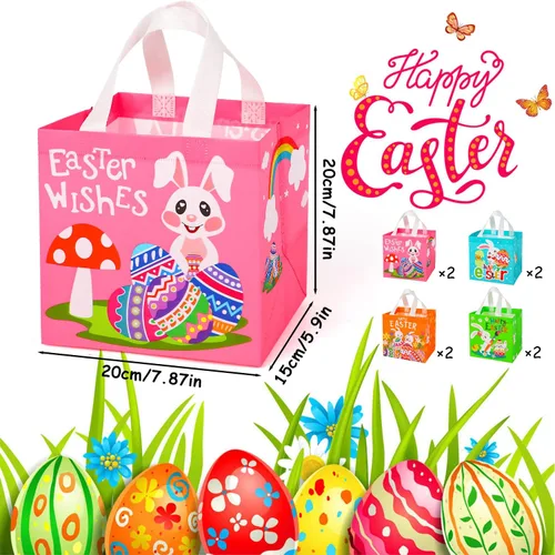 Miniatura 5 de SULOLI Bolsas de regalo de Pascua, bolsas de compras no tejidas de Pascua con asas para fiestas de vacaciones (paquete de 8), Verde, naranja, rosa
