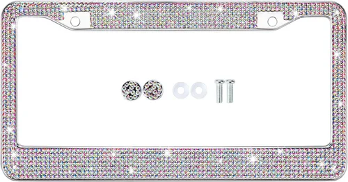 Miniatura 5 de Marcos de matrícula multicolor con diamantes de imitación brillantes para mujer, cubierta de matrícula de metal a prueba de óxido, accesorios