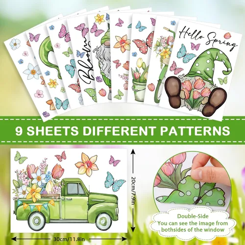 Miniatura 3 de Whaline 106 calcomanías de PVC reutilizables para ventana de primavera, acuarela, gnomo, mariposa, flores, calcomanías de PVC reutilizables
