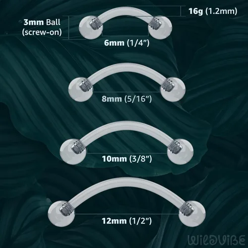Miniatura 6 de Retenedores de piercing transparentes de 16g para cirugía - Plástico Bioflex transparente para cejas curvado - Pendientes de cartílago invisibles