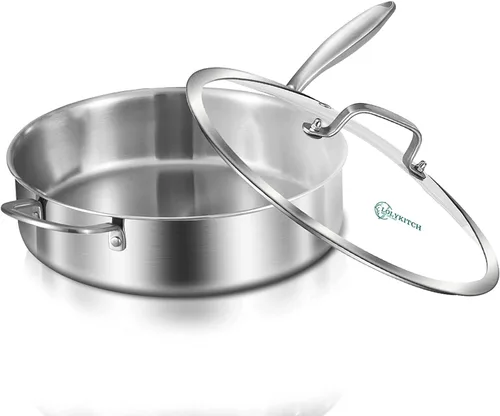 Miniatura 7 de LOLYKITCH Sartén tricapa de acero inoxidable de cuerpo entero de 5.5 QT con tapa, sartén para freír de 12 pulgadas, olla grande, apta para Plateado