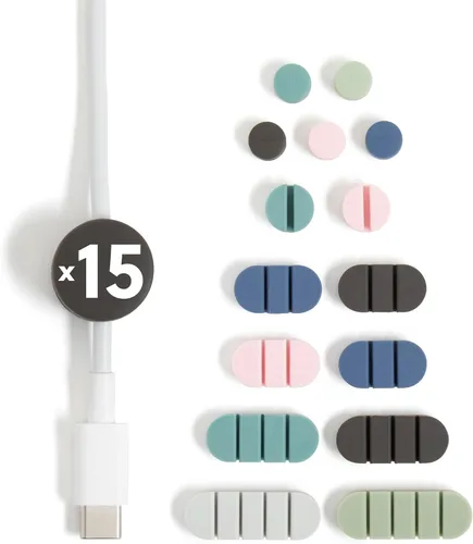 U Brands Tech Classics - Clips organizadores de cables de silicona, paquete de 15 clips de organización de cables en varios colores, soportes