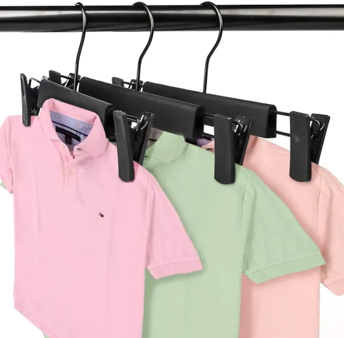Miniatura 6 de Perchas para pantalones, perchas para faldas, paquete de 20 perchas de plástico negro para pantalones con clips grandes antideslizantes y 360
