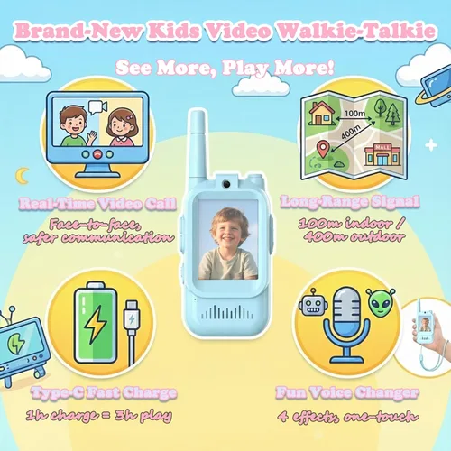 Miniatura 8 de Walkie Talkies de video para niños, walkie talkies de video en tiempo real para niños, 2 unidades, pantalla IPS de 2.0 pulgadas y alcance de 1,312.3