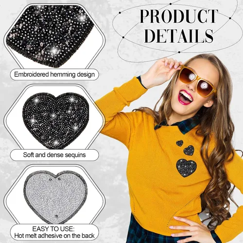 Miniatura 3 de Daifunli 24 parches para planchar con corazón de lentejuelas en 4 tamaños, parches decorativos bordados brillantes para ropa, bolsas, chaquetas