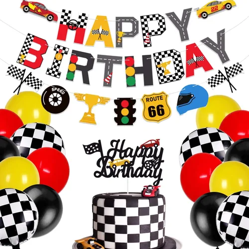 Hot Wheels - Suministros para fiesta de cumpleaños de coche de carreras, bandera, decoración de pastel, bandera a cuadros, temática de carreras