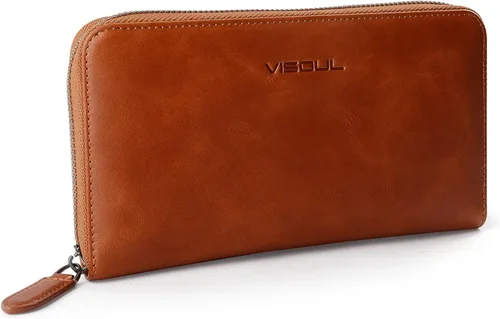 Miniatura 28 de VISOUL Cartera larga de cuero con cremallera para hombres y mujeres con bloqueo RFID, cartera larga de embrague grande con cremallera, Negro