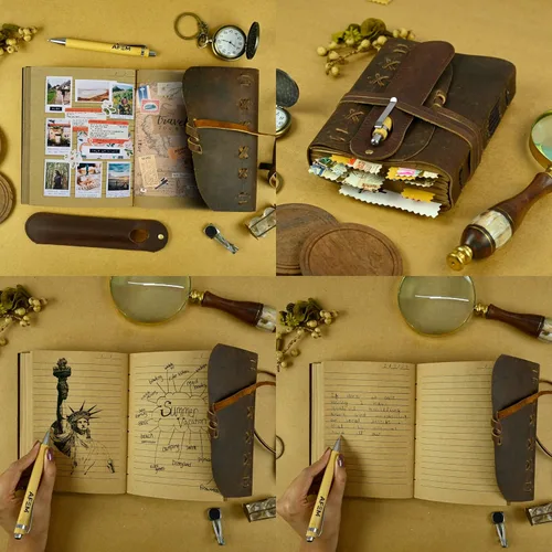 Miniatura 3 de Cuaderno de cuero para hombres y mujeres, diario vintage encuadernado en cuero, cuaderno de viaje con 290 páginas de papel rayado, diario