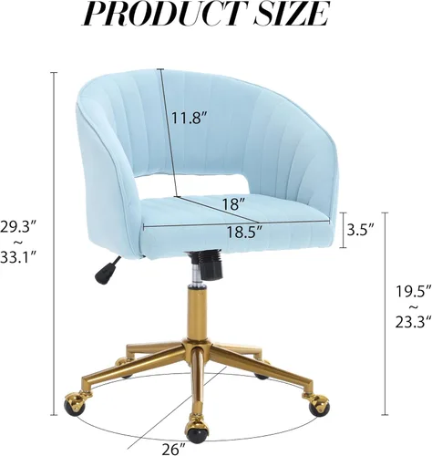 Miniatura 3 de KCC Silla de oficina en casa, silla giratoria de escritorio, sillón tapizado moderno con base dorada para niñas y mujeres, asiento de estudio Azul
