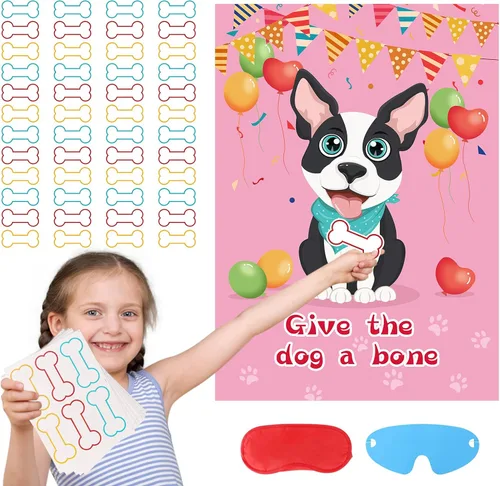 Miniatura 2 de Fowecelt Juego de fiesta Pin The Bone on The Dog con 48 piezas de hueso, vendas de ojos, póster y adhesivos para suministros de fiesta de cumpleaños