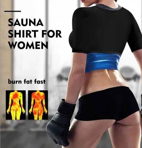 Miniatura 3 de Camiseta sauna para mujer, camiseta reductora y moldeadora de manga corta para entrenamiento y ejercicio Forro azul-02