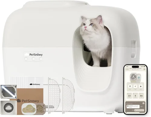 PetSnowy - Arenero automático autolimpiable para gatos con control de olores sistema TiO2, caja de arena robotizada con empaquetado automático, Crema
