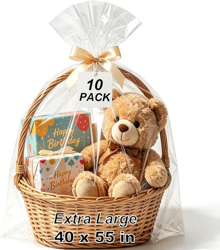 SYOGUA Paquete de 10 bolsas de celofán extra grandes, 40 x 55 pulgadas, bolsas de regalo transparentes de 3 mil de grosor para cestas de plástico de