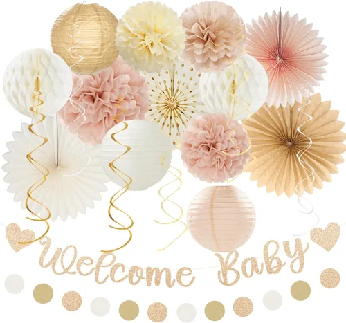 Conjunto de decoraciones para baby shower de otoño en estilo boho champagne-dorado - 21 piezas, cartel de bienvenida para niñas, linternas de papel