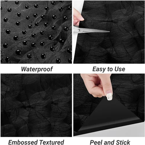 Miniatura 6 de Decotalk Papel tapiz negro con textura de 17.7 x 200 pulgadas, para decoración de dormitorio, papel adhesivo negro para armarios y cajones, papel