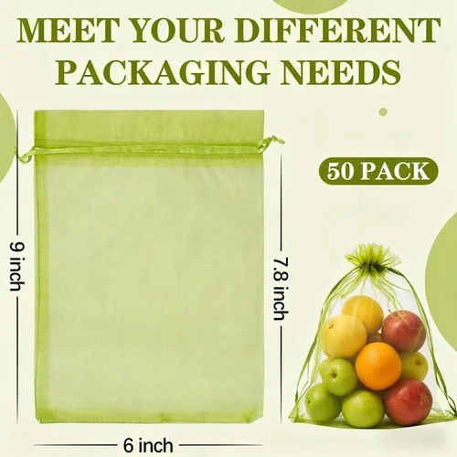 Miniatura 4 de YunKo 50 bolsas de protección de frutas de organza de 6 x 9 pulgadas, redes para árboles frutales, bolsas de regalo de malla con cordón para Verde