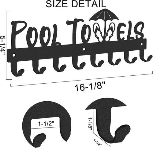 Miniatura 2 de IBosins Toallero de piscina con 8 ganchos, toallero montado en la pared para exteriores o baño, colgador de toallas para colgar albornoces, toallas