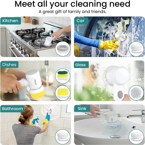 Miniatura 2 de VIMALIFE Limpiador eléctrico giratorio, limpiador de baño inalámbrico IPX6 impermeable con 5 cabezales reemplazables, cepillo de limpieza eléctrico