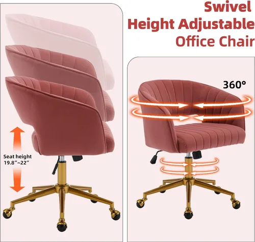 Miniatura 4 de Sillas de escritorio para oficina en casa Westice, silla de escritorio de terciopelo moderna, silla giratoria de tocador con base dorada ajustable