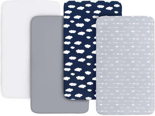 Miniatura 13 de Sábanas ajustadas para cuna para niños y niñas, paquete de 4 - Sábanas transpirables y suaves de microfibra para bebé en gris, azul marino y blanco