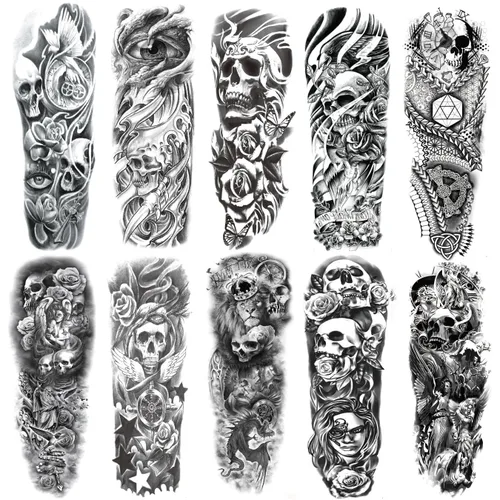Tatuajes de manga de calavera, tótem falso de brazo completo, tatuajes de Halloween de manga completa para mujeres y hombres, 10 hojas