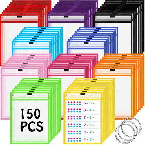 Miniatura 10 de Teling 150 bolsillos de borrado en seco reutilizables a granel para boletos de trabajo, protector de manga de plástico transparente, funda