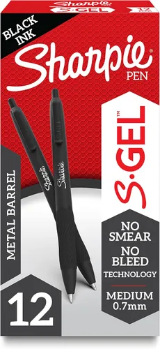 Sharpie S-Gel, bolígrafos de gel, barril de metal elegante, negro mate, punta media (1/32 pulgadas), tinta negra, 12 unidades