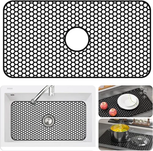 Miniatura 31 de Bestjing Tapete de silicona para fregadero - Protectores para fregadero de cocina con drenaje central, accesorio de rejilla de cocina de 26" x 14