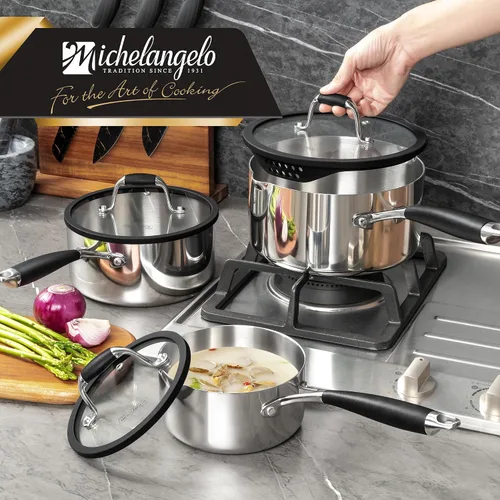 Miniatura 7 de MICHELANGELO Juego de cacerolas de acero inoxidable triple con tapa colador, olla de salsa resistente con tapa, olla de salsa multiusos compatible