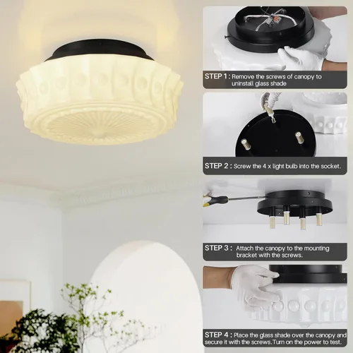 Miniatura 7 de Lámpara de techo de vidrio de leche blanca, iluminación de montaje al ras de 13.8 pulgadas para dormitorio, pasillo, cocina y comedor, diseño
