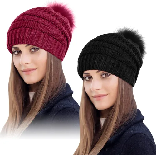 Miniatura 9 de IYEBRAO - Paquete de 2 gorros de invierno para mujer con pompones y forro polar suave y cálido