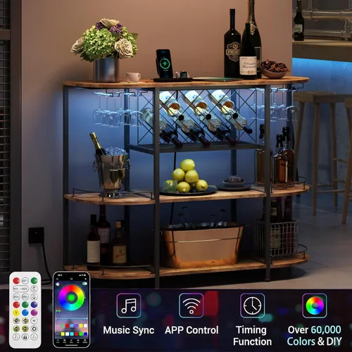 Miniatura 3 de ZOPEND Carro de Bar con Estante para Vino, Mesa con Enchufe de Energía y Luz LED, Mesa de Bar de Café de Tres Niveles, Estante de Vinos para Licores