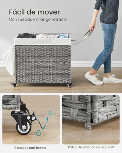 Miniatura 4 de SONGMICS Cesta de lavandería con tapa, 42.3 galones (160 L), cesta de lavandería con ruedas, ratán sintético de 3 secciones, forro extraíble, Gris