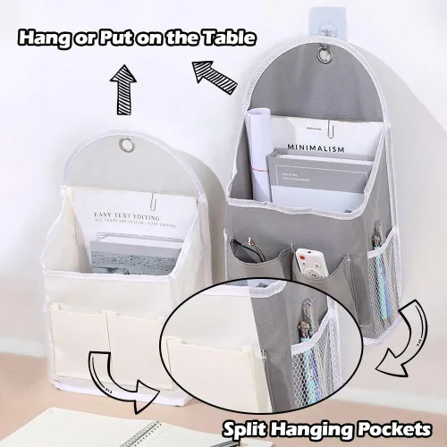 Miniatura 3 de Paquete de 2 bolsas de almacenamiento para colgar en la pared con bolsillos, cesta organizadora de casillero con gancho adhesivo, organizador de Gris