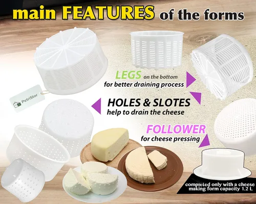 Miniatura 6 de PetriStor Kit de 7 piezas para hacer quesos para principiantes №1 – Moldes de queso suave + molde de queso con un pistón seguidor – Suministros
