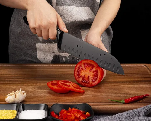 Miniatura 4 de WELLSTAR Santoku Cuchillo de cocina de 7 pulgadas, afilado estilo japonés con hoja de acero inoxidable de alto carbono, negro