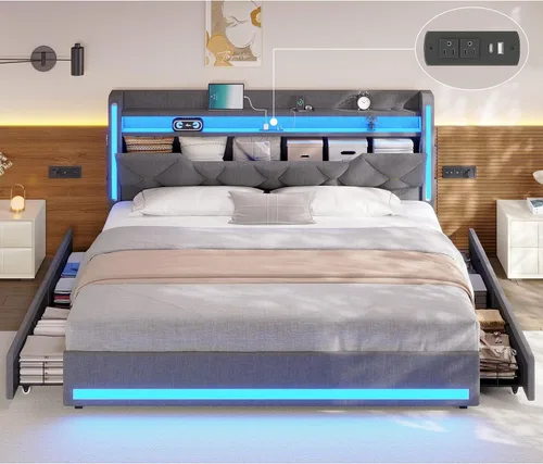 Miniatura 10 de busyaeh Base de cama Queen con cabecera de almacenamiento, marco de cama de metal con luces LED y estación de carga, cama Queen tapizada